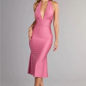 Pink Backless Halter Midi Dress